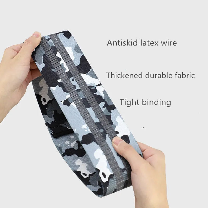 Anti-slip yoga resistance band hip belt in camouflage colours, sizes S 67x8cm, M 78x8cm and L 88x8cm