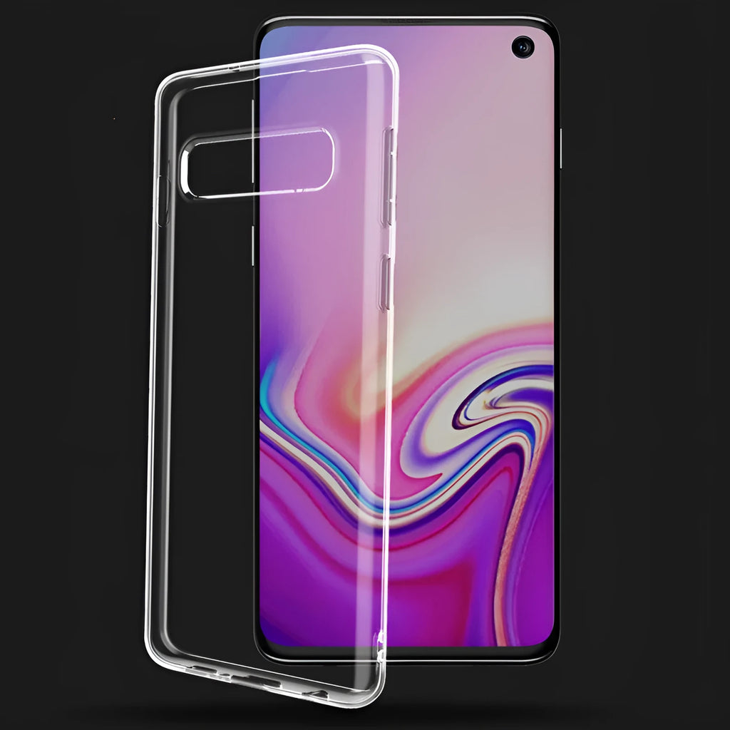 Transparent TPU Samsung S10 mobile phone case showing S10, S10e and S10 Plus compatibility
