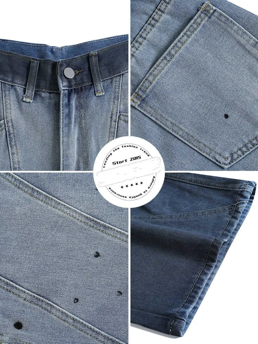 Blue tie-dye gradient cropped jeans with loose fit and worn wash on a mid-waist