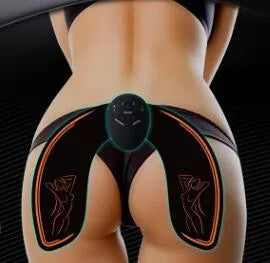 Compact EMS hip muscle training stimulator device with adhesive gel pads for buttocks and abdomen.