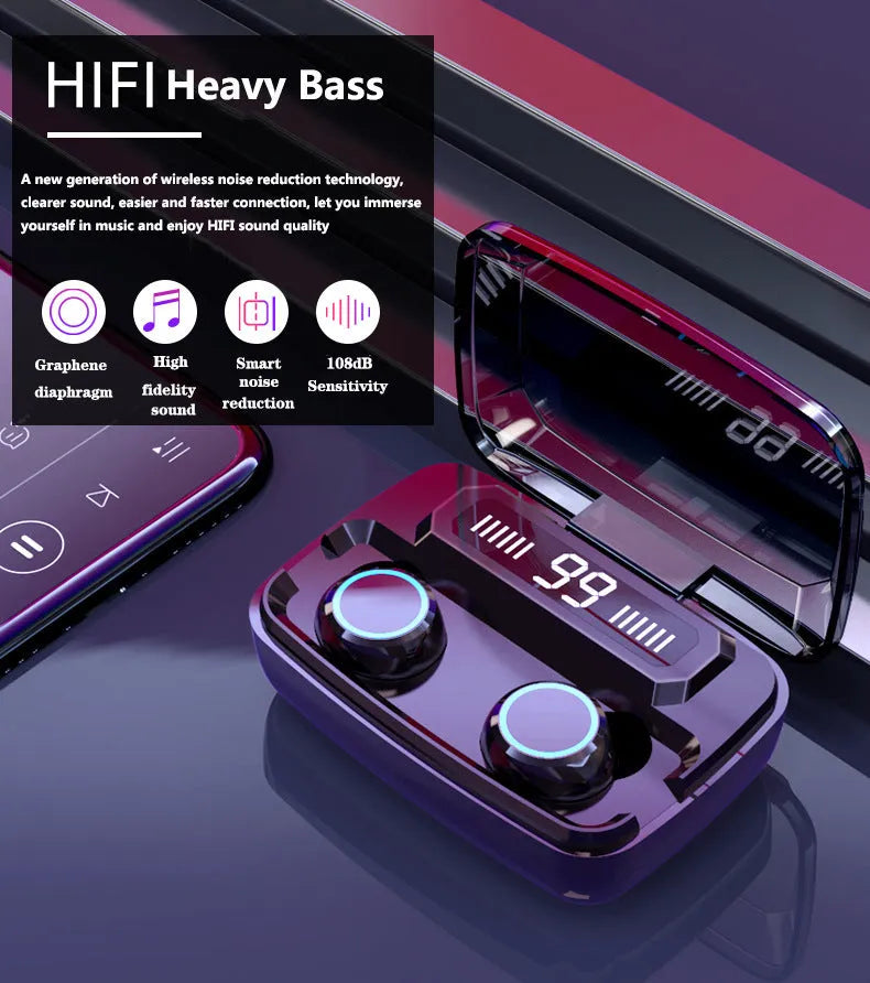 Black M11 style Bluetooth wireless headset with digital display and phone holder.