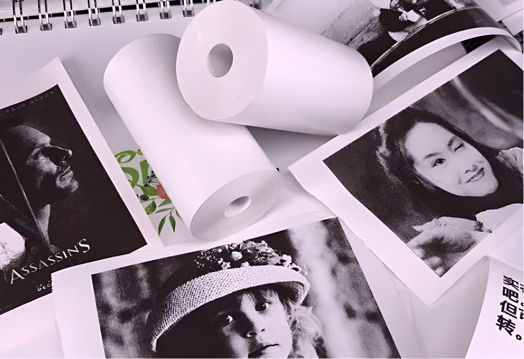 PerPage mini thermal printer paper rolls in regular, sticker, and label types with blue, pink, white, violet, and yellow options