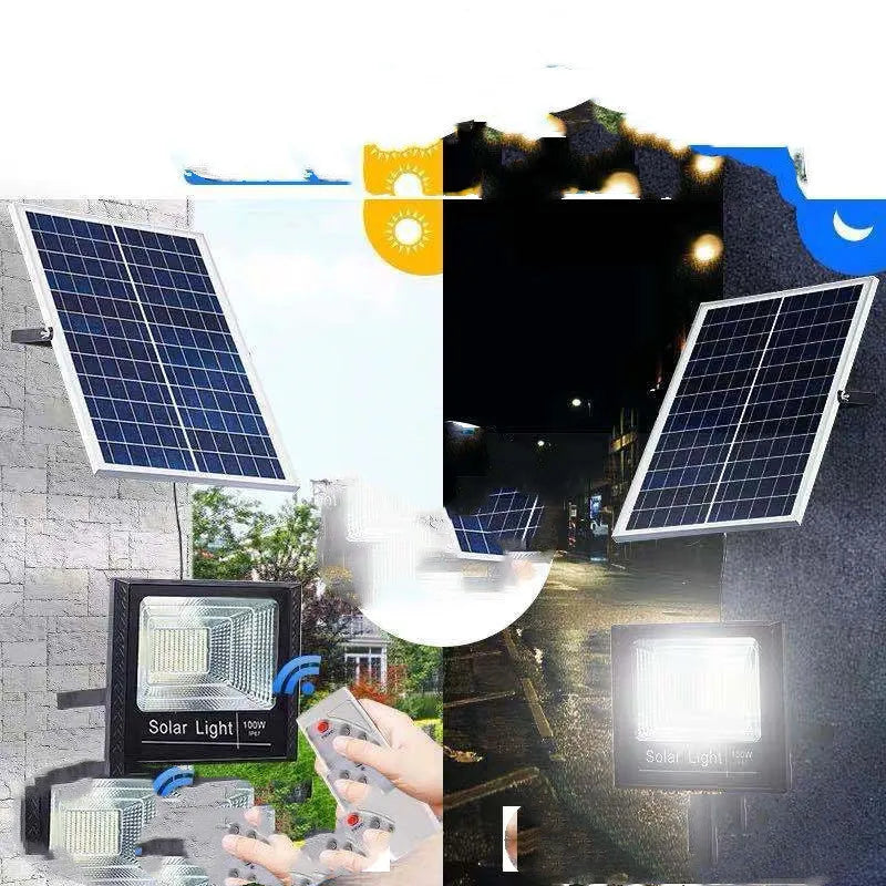 Black Cornucopia solar-powered LED flood light with remote control mounted on an outdoor wall
