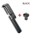 Black aluminium tripod selfie stick extended with an iPhone mounted, showing 186mm to 700mm range.