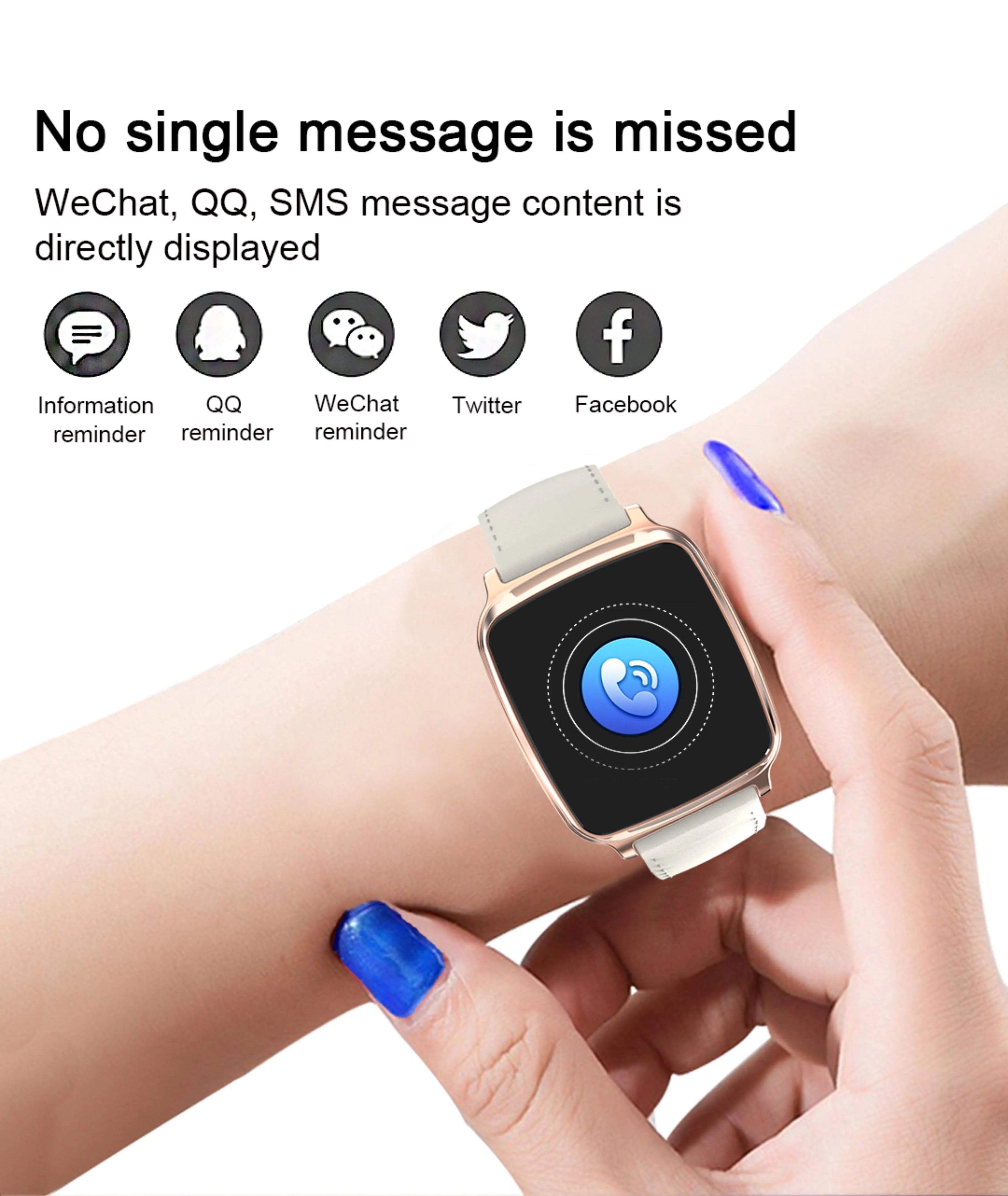 M8 smart fitness bracelet in black on a wrist, showing heart rate data on its full-touch screen.