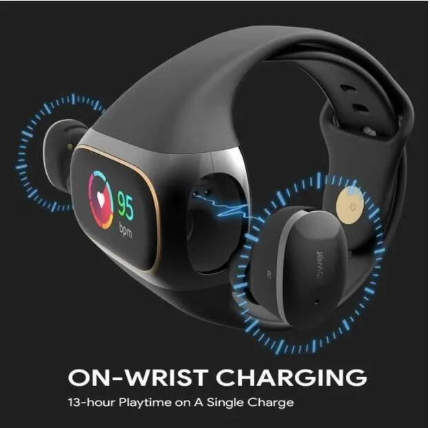 2 in 1 wireless earphone bracelet in black, silicone wristband with smart charging and fitness tracking