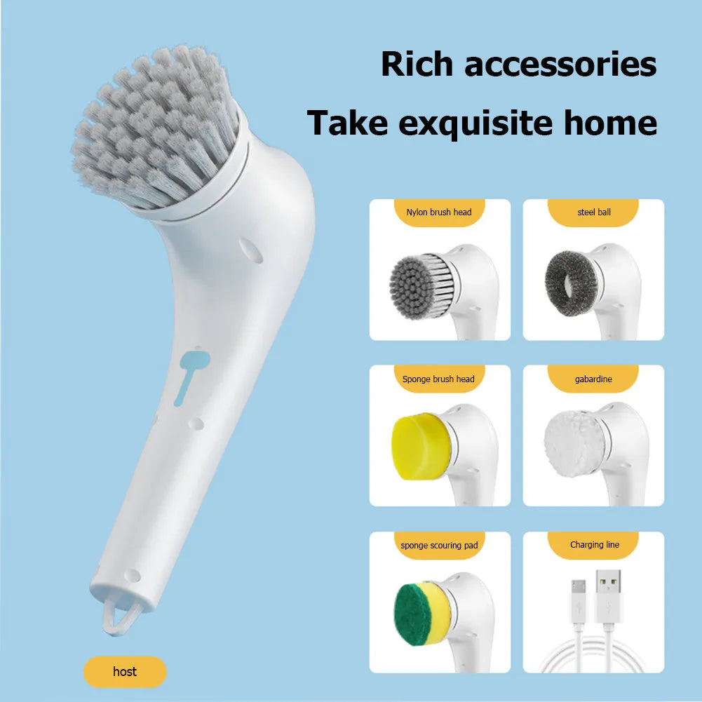 White USB rechargeable cordless electric cleaning brush with five different brush heads on a table.