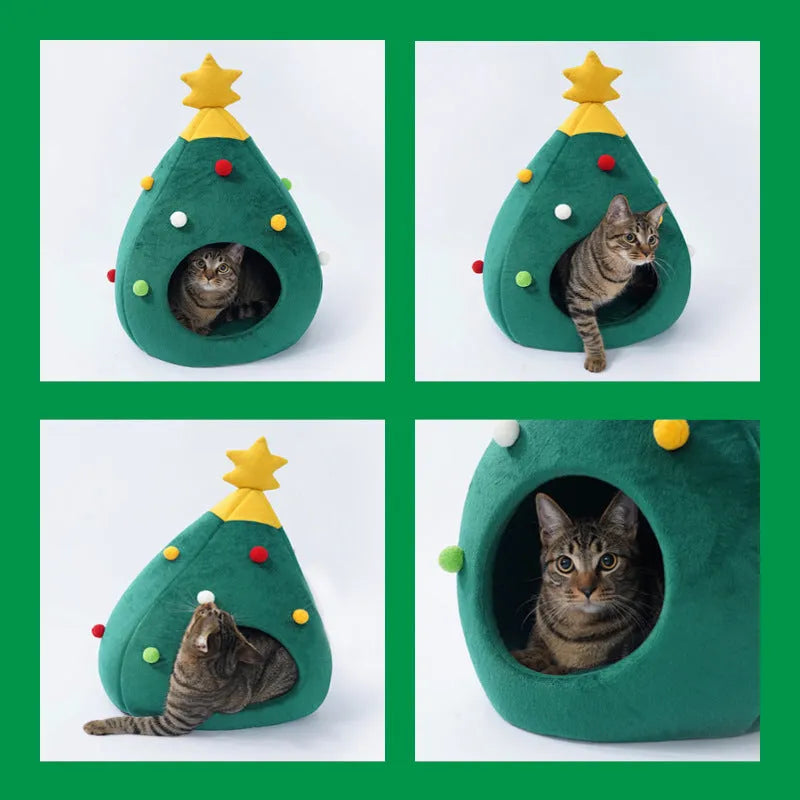 Red Christmas tree shaped plush cave bed for a cat or small dog on a wooden floor