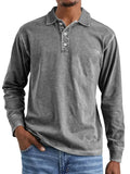 Retro washed distressed pure cotton men's long sleeve polo shirt with a lapel collar.