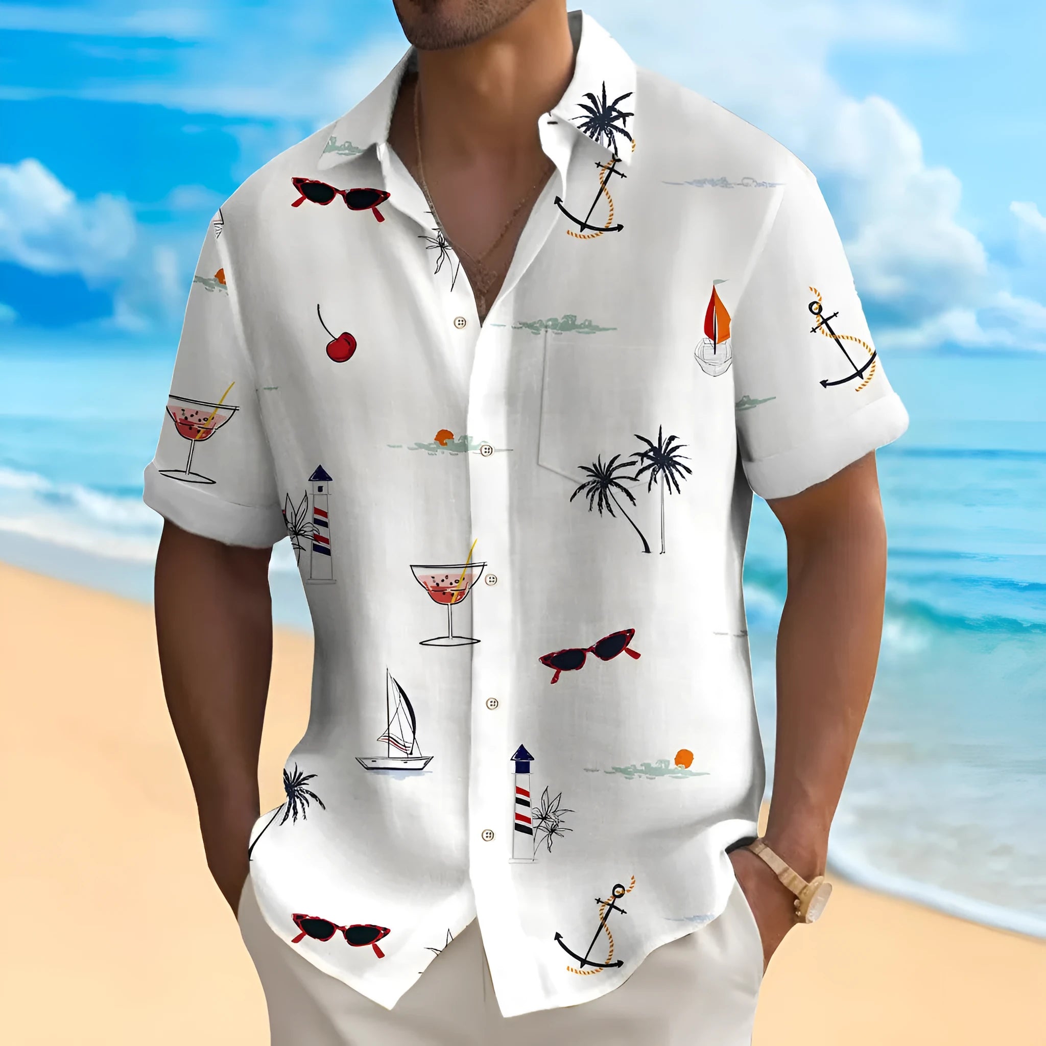 Man wearing a loose-fit short-sleeve Hawaiian shirt with a digital print pattern.