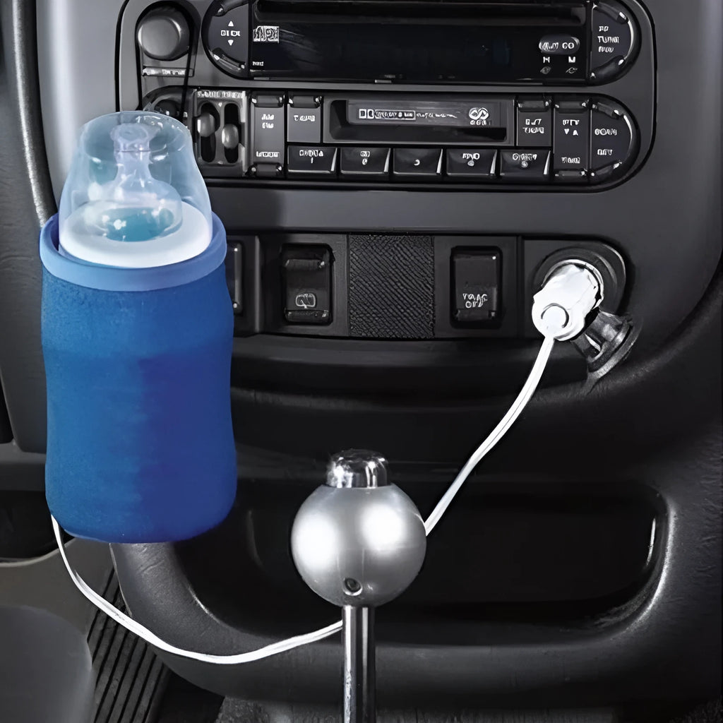 Blue portable baby bottle warmer with 12V car cigar lighter cable, carbon fibre heating, and detachable inner case