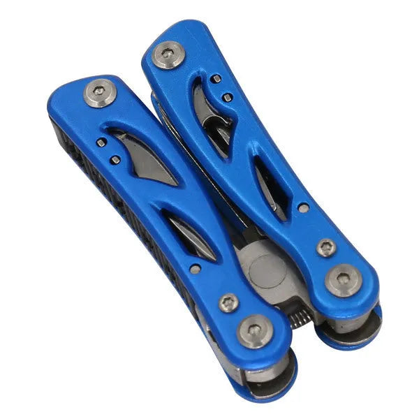 Blue outdoor multi-function pliers knife with stainless steel construction and Oxford fabric carry bag