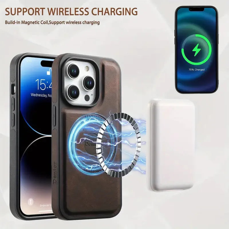 Retro style magnetic wireless charging phone case in dark brown for iPhone 14 Pro Max
