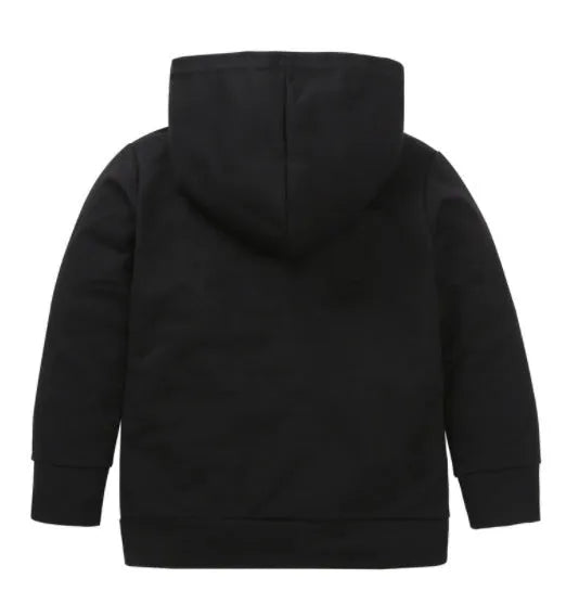 Boys' black hooded sweater with white letter pattern on front, long sleeves and pullover design