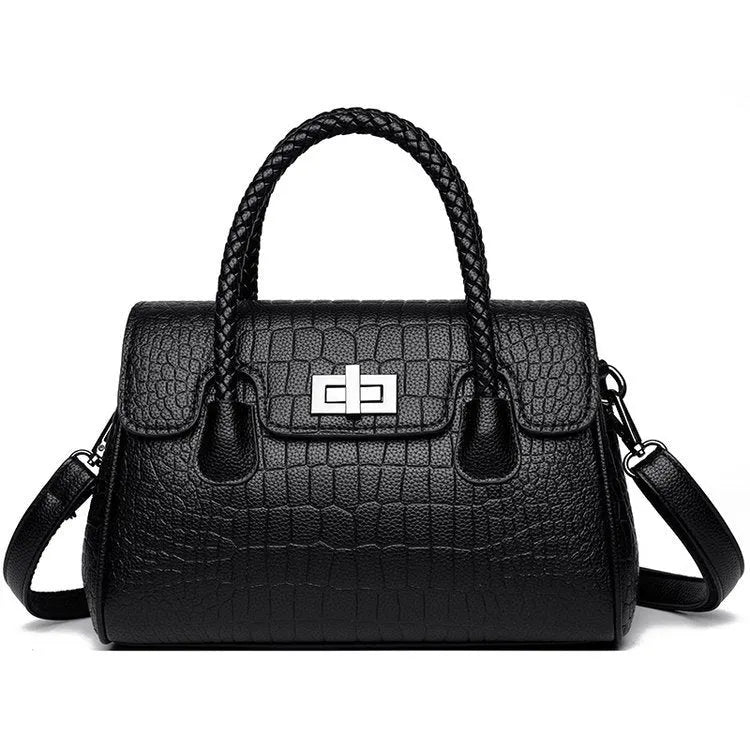 Women's PU handbag with stone pattern, horizontal square shape, available in six colours including red, purple, green, blue, black and grey.
