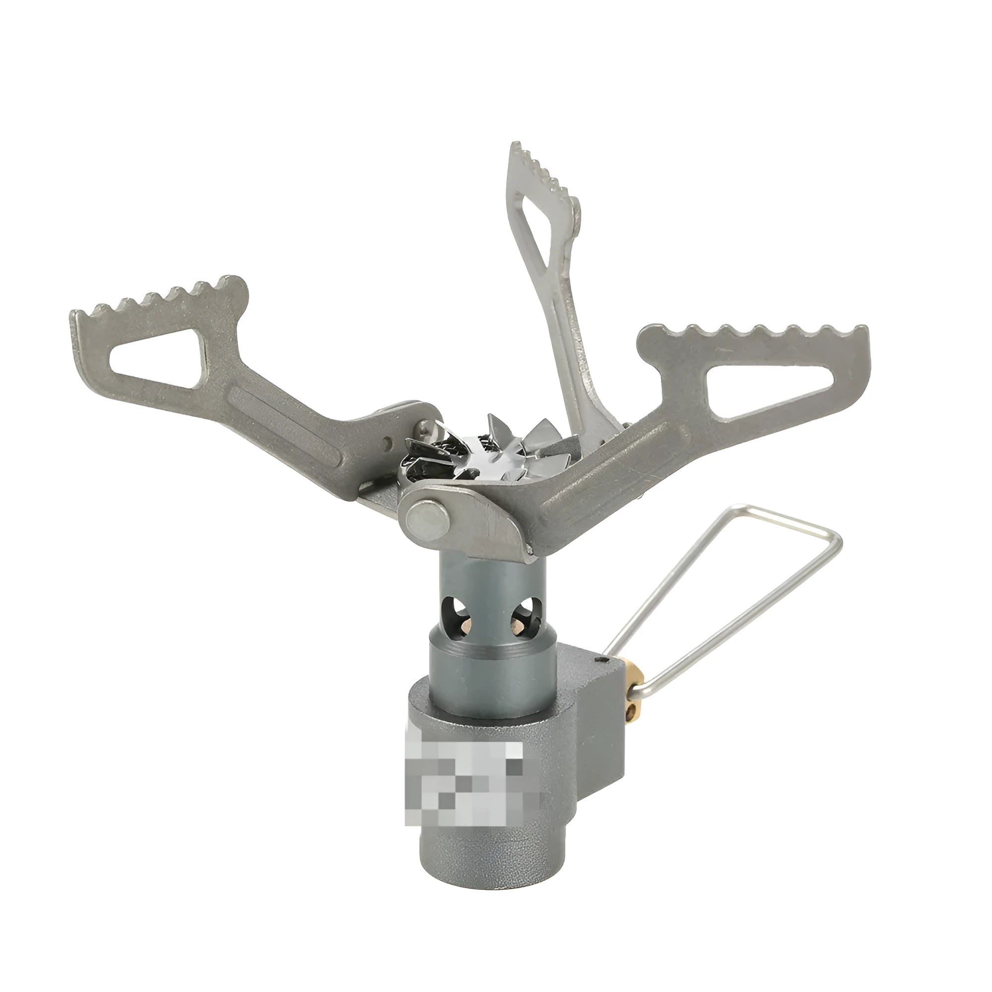 Compact one-piece propane camping stove on a rocky outdoor surface.