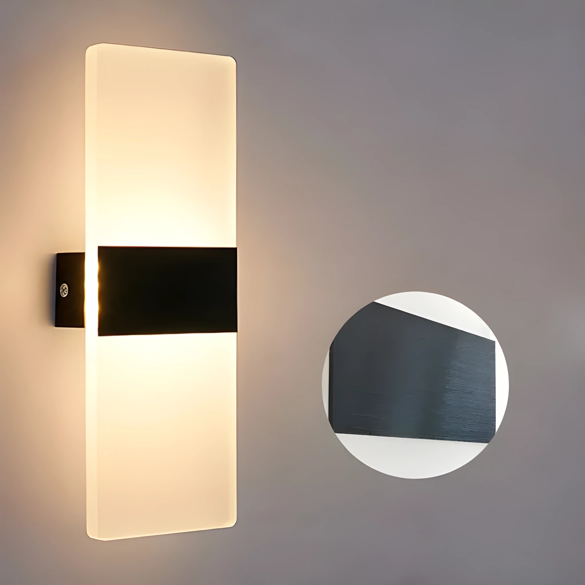 Modern acrylic wall lamp for corridor with LED light in silver, black, or gold finish.