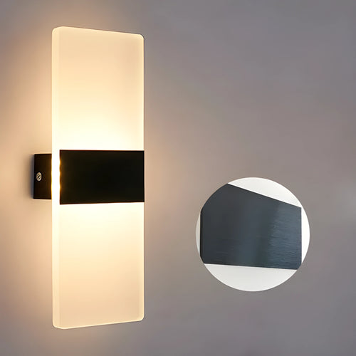 Modern acrylic wall lamp for corridor with LED light in silver, black, or gold finish.
