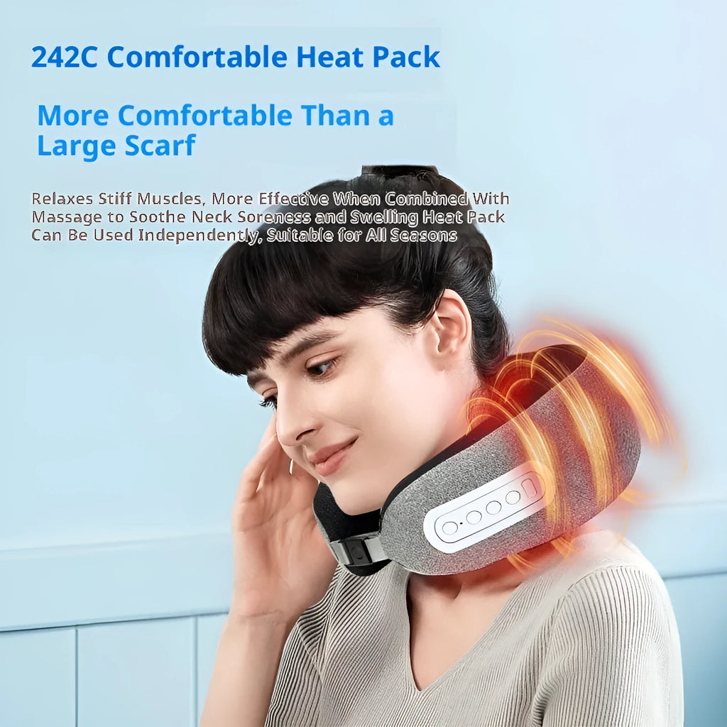 Light grey U-shaped memory foam massage pillow with USB cable on a neutral background