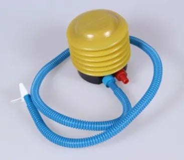 Blue and red portable plastic pedal pump for inflating swim rings, showing 4-inch diameter and valve adapters.