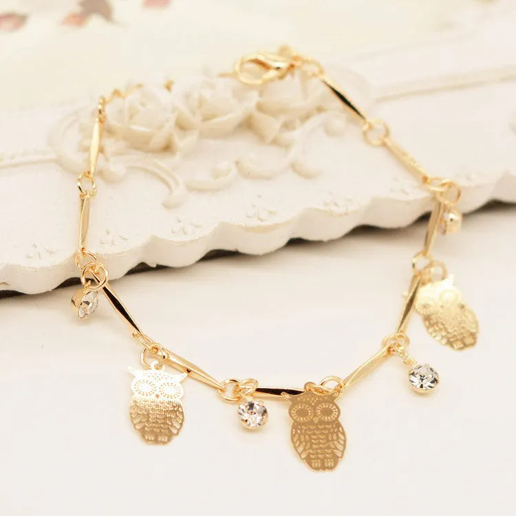 Gold alloy owl tassel bracelet with 20cm chain and 5cm extension, ethnic style jewellery