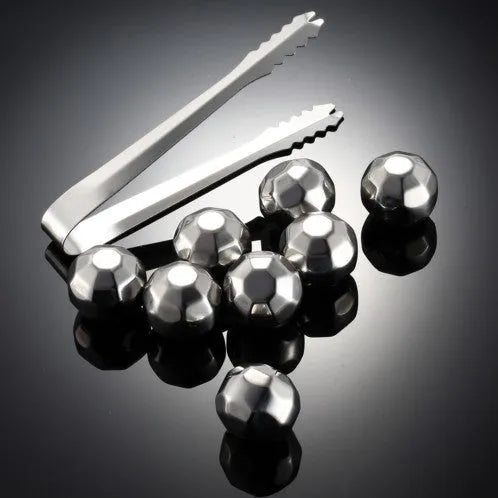 Stainless steel whiskey chilling stones in square, ball, diamond, and heart shapes with handling clip