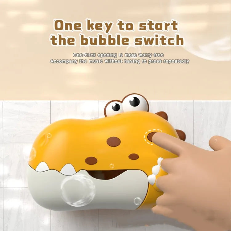 Dinosaur spit bubble machine in yellow plastic for bathroom water play, 21x15x8.5cm