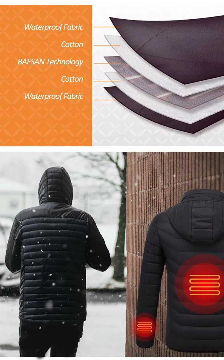 Men's USB heated jacket with carbon fiber pads, 3-level control, polyester shell, available in black, blue, red