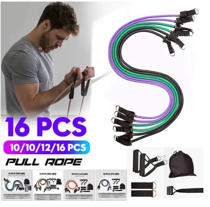Resistance band set with latex tubes, handles, foot rings, door buckle, storage bag, and fitness atlas in colour-coded resistance levels
