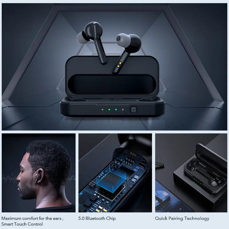 Black and white true wireless stereo earbuds with charging case, featuring Bluetooth 5.0 and IPX5 waterproof rating.