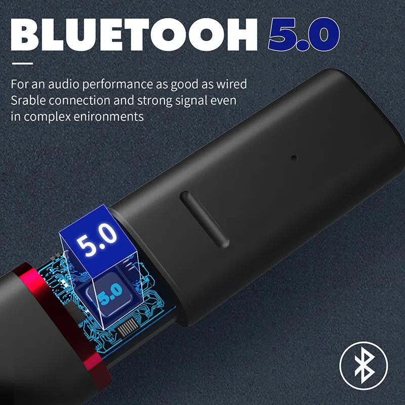 Black and white Bluetooth wireless earphones with charging case showing V5.0 technology