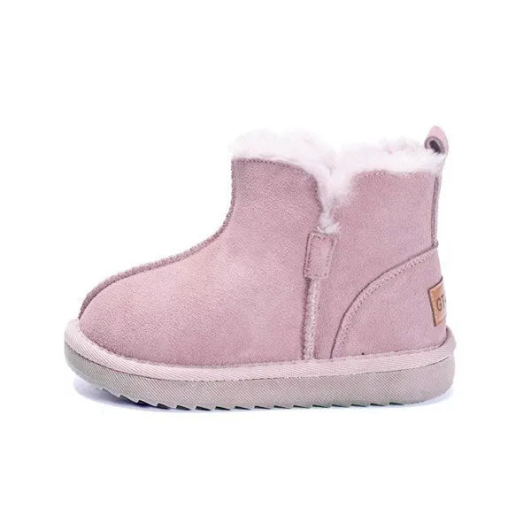 Children's genuine leather winter snow boots with wool lining in khaki, pink, and brown, sizes 21-30