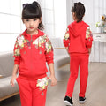Children's hooded pants suit clothing set in pink, red, or yellow colours for spring and autumn