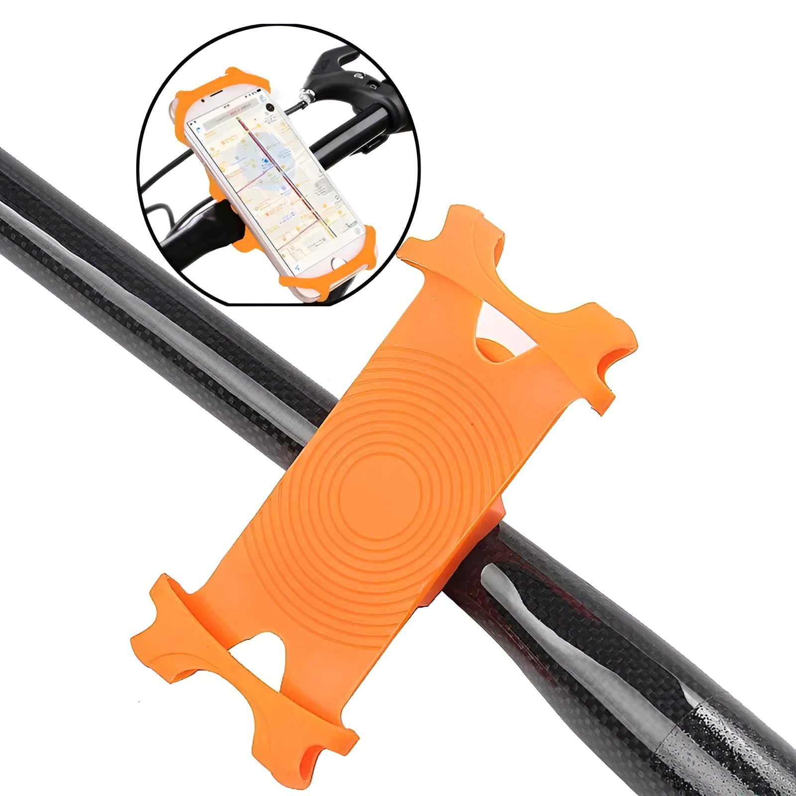 Silicone bicycle phone holder mounted on handlebar with three adjustment holes visible