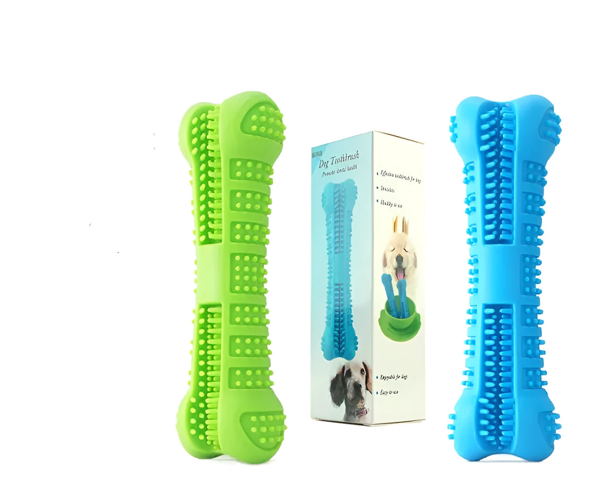 Bone-shaped silicone dog toothbrush with bristles on all sides and top toothpaste hole, in blue or green.