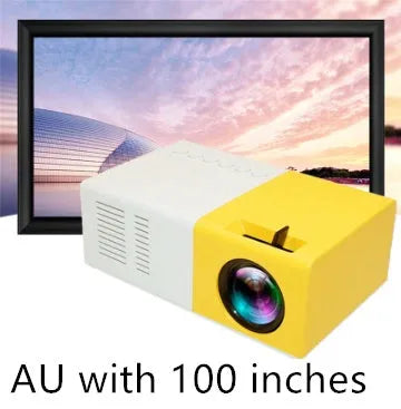 Mini LED projector YG300 in white and yellow, with lens and ventilation grilles, on a table