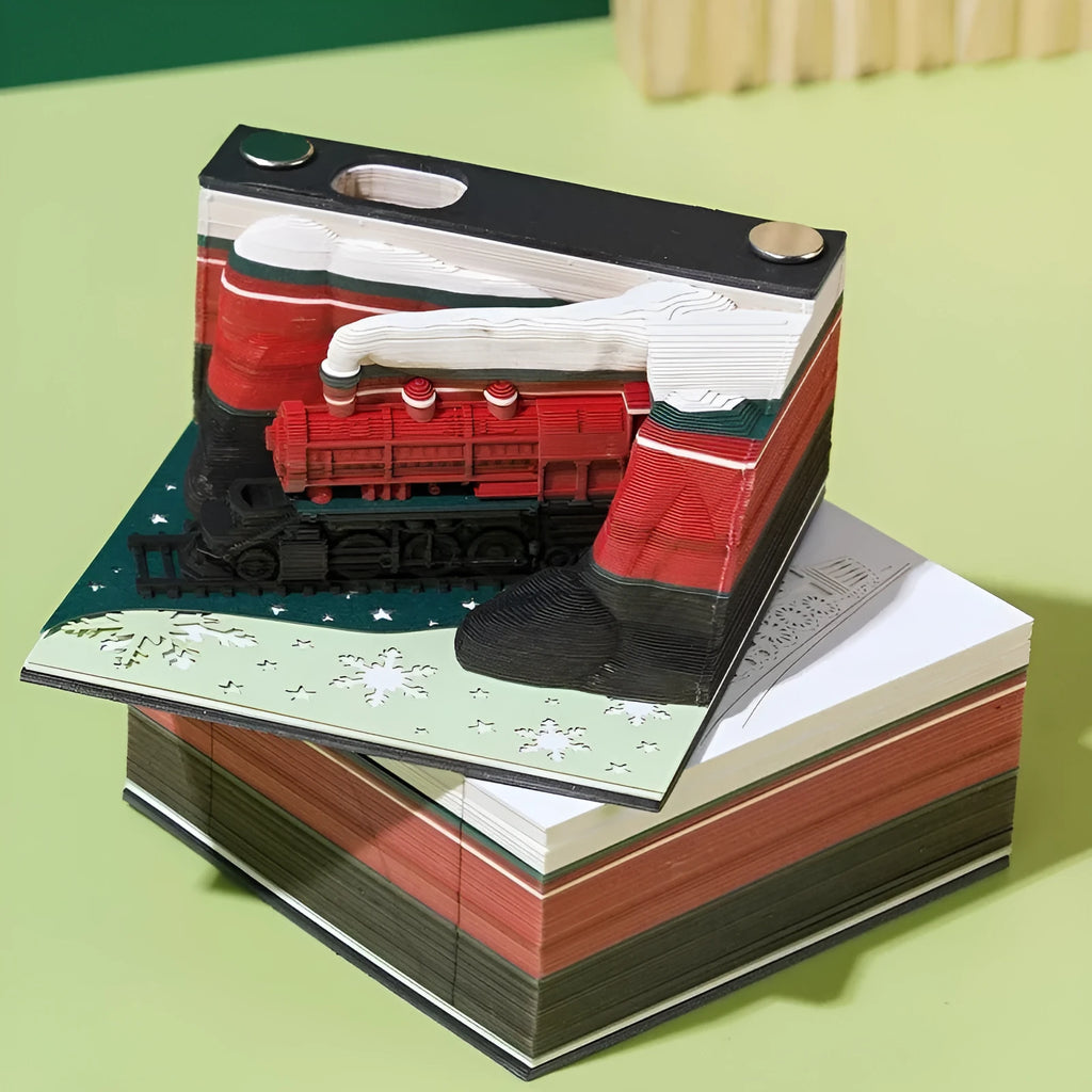 Creative 3D sticky notes pad with carved Qingshui Temple paper sculpture and a Christmas Train design cover.