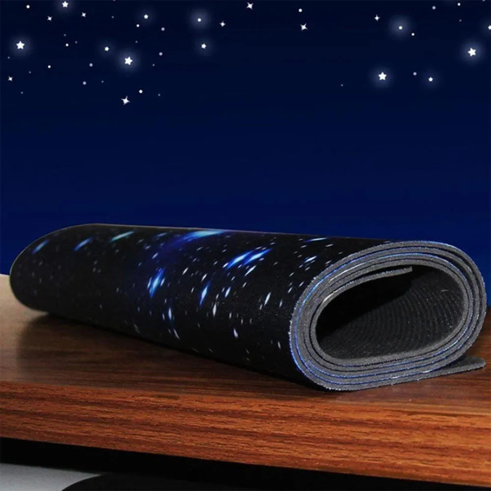 Blue star mouse pad with high-density fabric surface and anti-skid natural rubber base on a desk