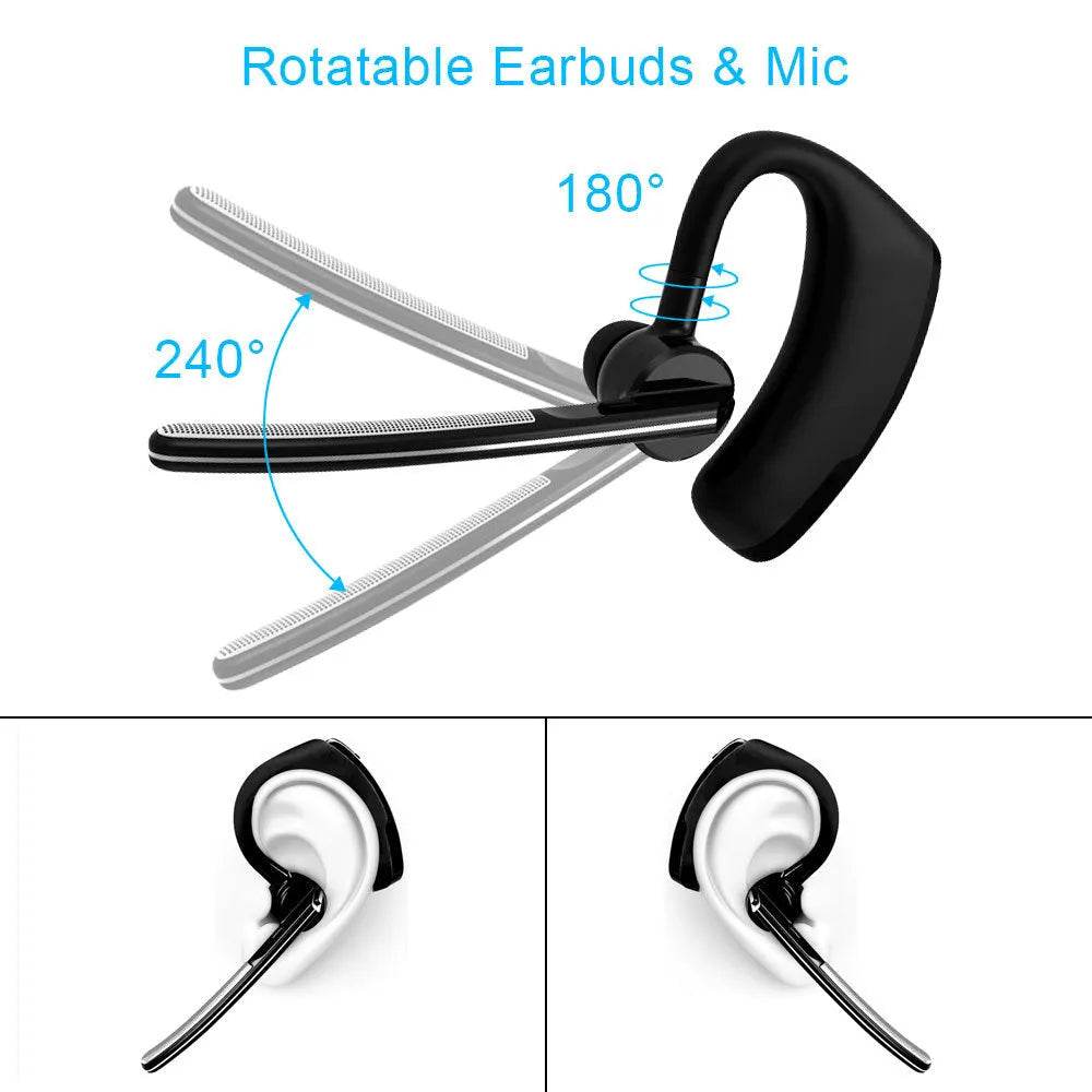 V9 Jerry Bluetooth wireless headset with microphone, showing ergonomic ear design and compact cable
