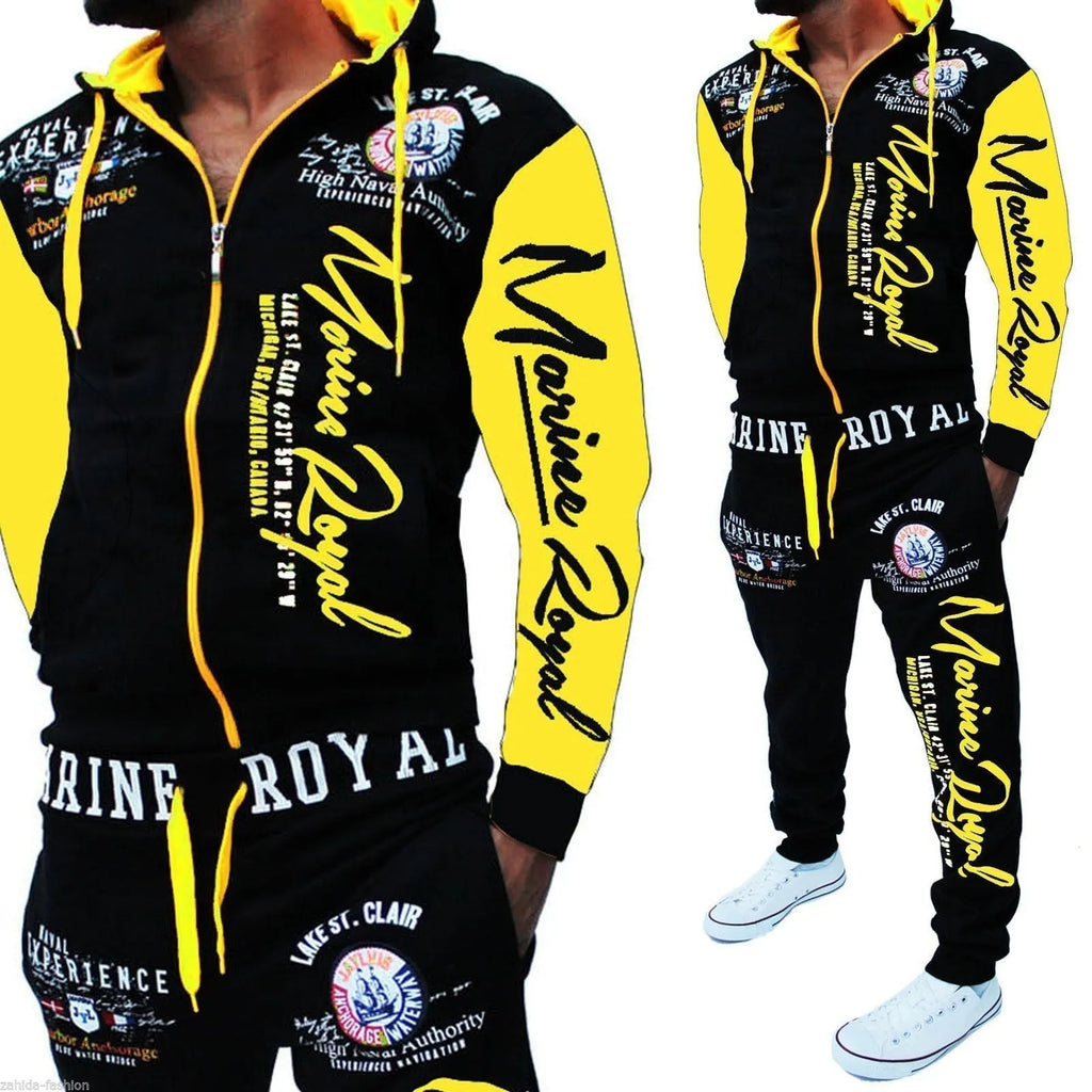 Men's tracksuit 2 piece set with polyester zip top and pants in green, grey, red, yellow, sizes S to 3XL