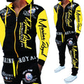 Men's tracksuit 2 piece set with polyester zip top and pants in green, grey, red, yellow, sizes S to 3XL