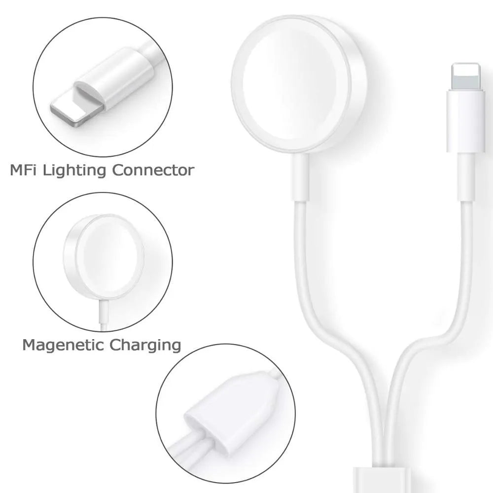 White two-in-one wireless charger for smartwatches with USB cable connection