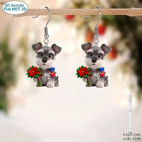 Flat cartoon acrylic Schnauzer dog earrings in Christmas style on a light background