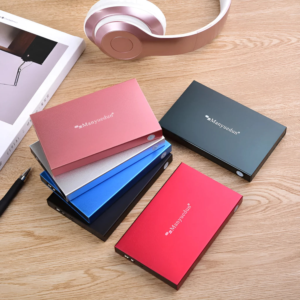 2.5 inch metal mobile hard drive in silver grey, blue, pink, or red with 5400rpm speed and 8MB cache