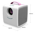Mini home theater projector with 20-70 inch screen, 15W LED bulb, 12V power, in blue casing on a table
