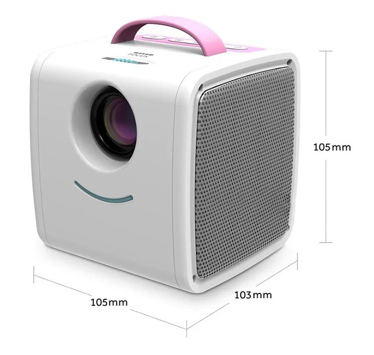 Mini home theater projector with 20-70 inch screen, 15W LED bulb, 12V power, in blue casing on a table