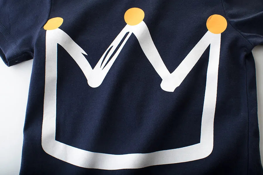 Boys' short sleeve cotton T-shirt in Royal Blue or Flower Grey, sizes 90-140cm, Korean style