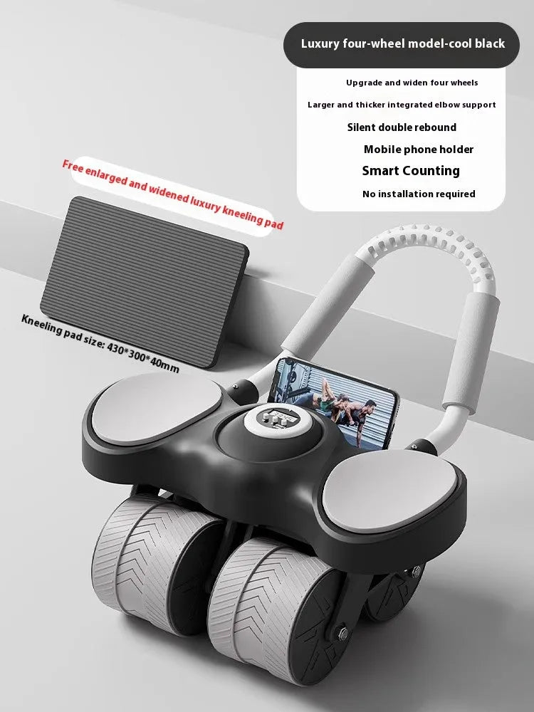 Abdominal wheel fitness equipment with elbow supports in blue, orange, or black.