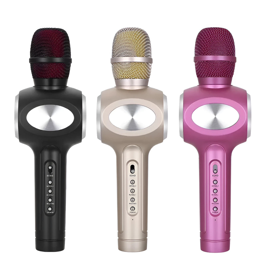 Yaerjia E108 mobile microphone in black, gold, or pink colours with capacitive pickup and echo effects