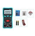 Green automatic digital multimeter with LCD screen and rear stand, dimensions 132x64x25mm.